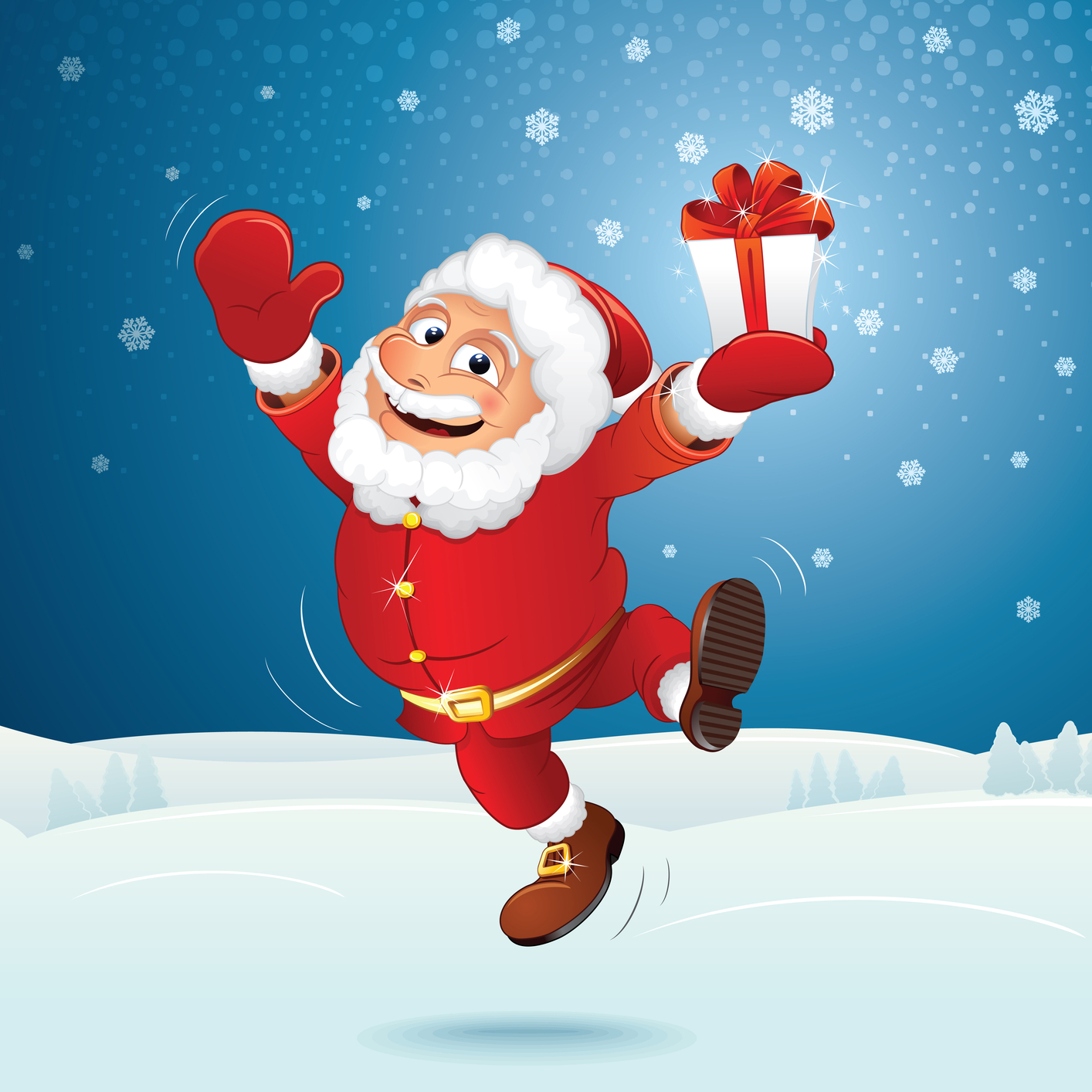 Happy Santa Jumping Over Winter Landscape